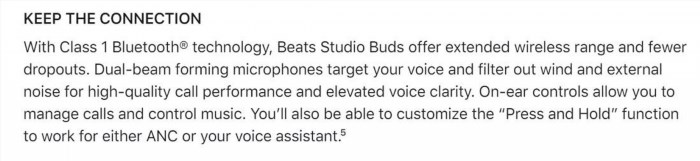 Tai nghe Beats Studio Buds được trang bị bluetooth 5.0 Class-1 mang lại kết nối nhanh và ổn định với nhiều thiết bị hiện đại, đồng thời cung cấp khả năng truyền tải âm thanh đầy đủ và giảm thiểu việc mất âm thanh.