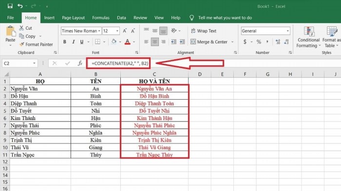 Gom dữ liệu từ nhiều ô trong Excel vào một ô