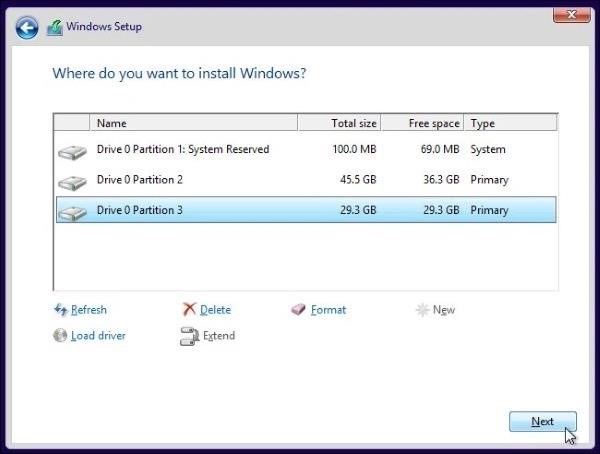 Lựa chọn vùng ổ đĩa để cài đặt Windows 11