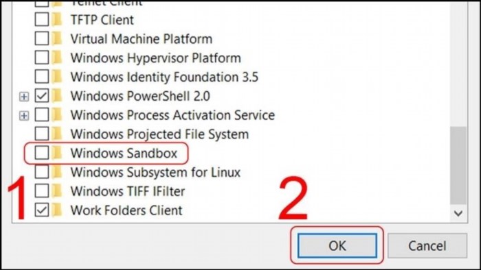 Nhấp vào lựa chọn Windows Sandbox và nhấn OK.