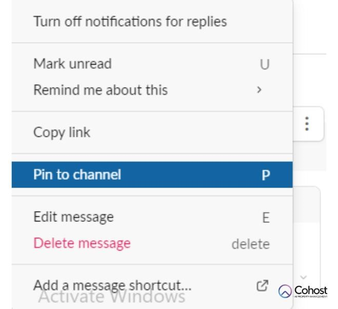 Click vào dấu ba chấm bên cạnh mỗi tin nhắn và chọn 'Pin to channel' để gắn kết tin nhắn trên Slack.