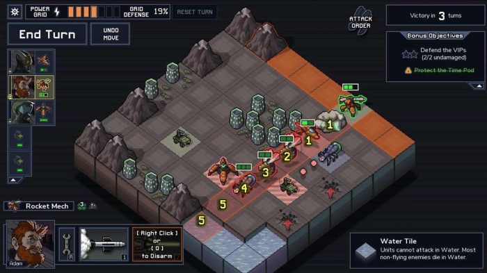 Into The Breach là một trò chơi chiến thuật theo lượt, nơi người chơi sẽ đóng vai trò của một nhóm chiến binh phòng thủ trước sự tấn công của quái vật khổng lồ. Trò chơi có đồ họa đẹp mắt và gameplay thú vị, đòi hỏi sự chiến thuật và tính toán từ người chơi.